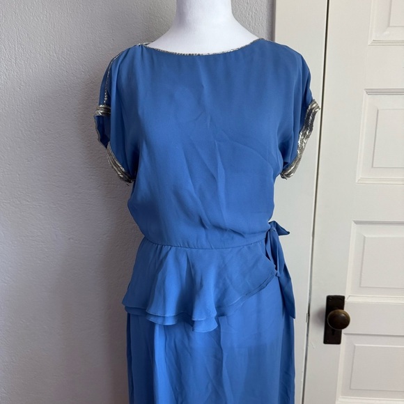 Vintage Norman Berg Blue Peplum Dress w/ Hand Beaded Trim - Picture 4 of 15